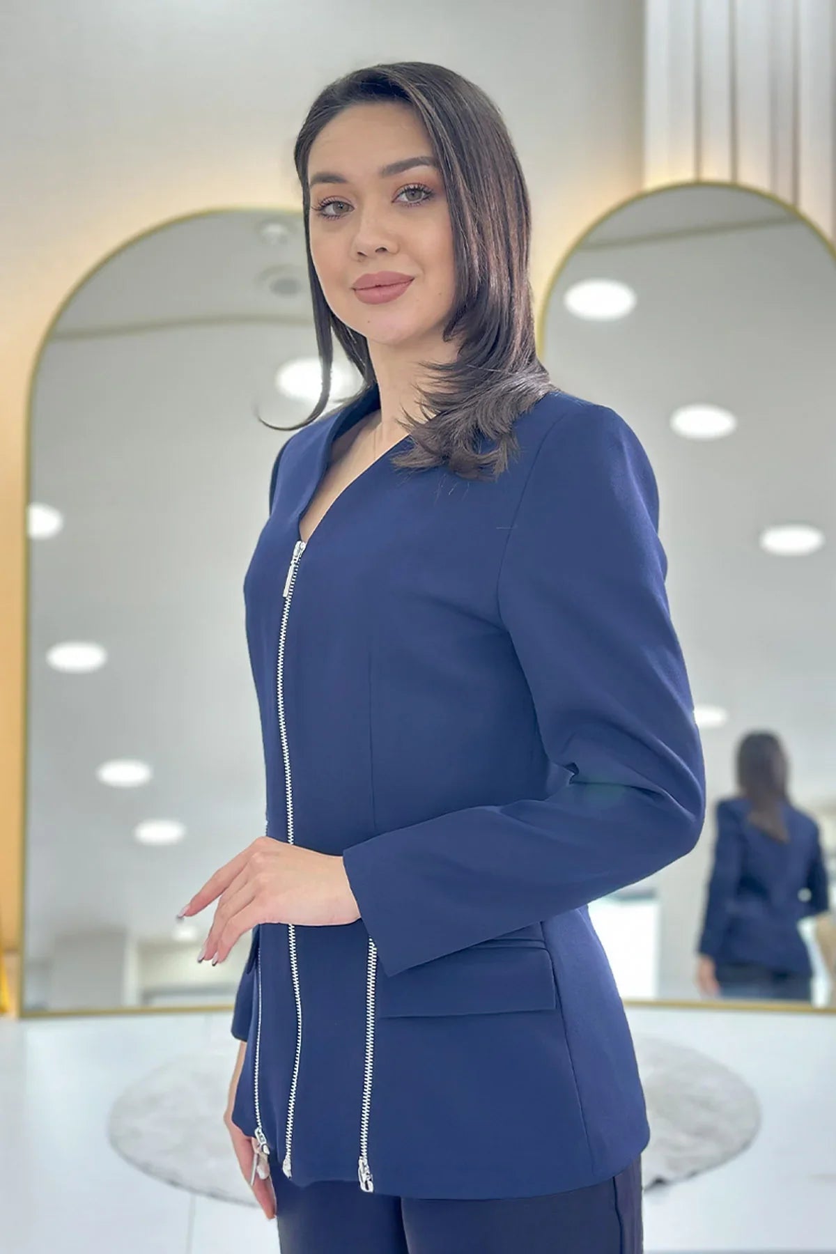 Lacivert Fermuar Detaylı V Yaka Ceket 