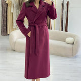 Kadın Bordo Astarlı Kuşaklı Kaşe Kaban