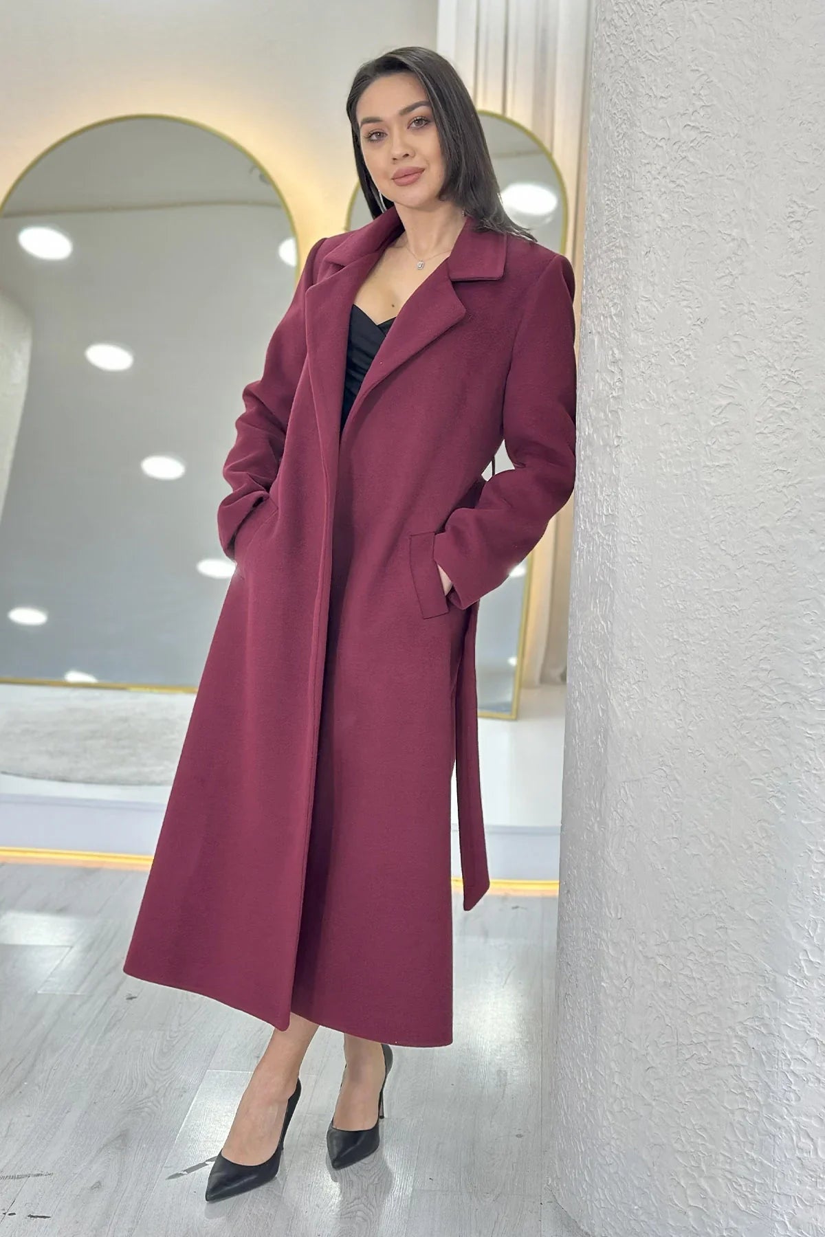 Kadın Bordo Astarlı Kuşaklı Kaşe Kaban 