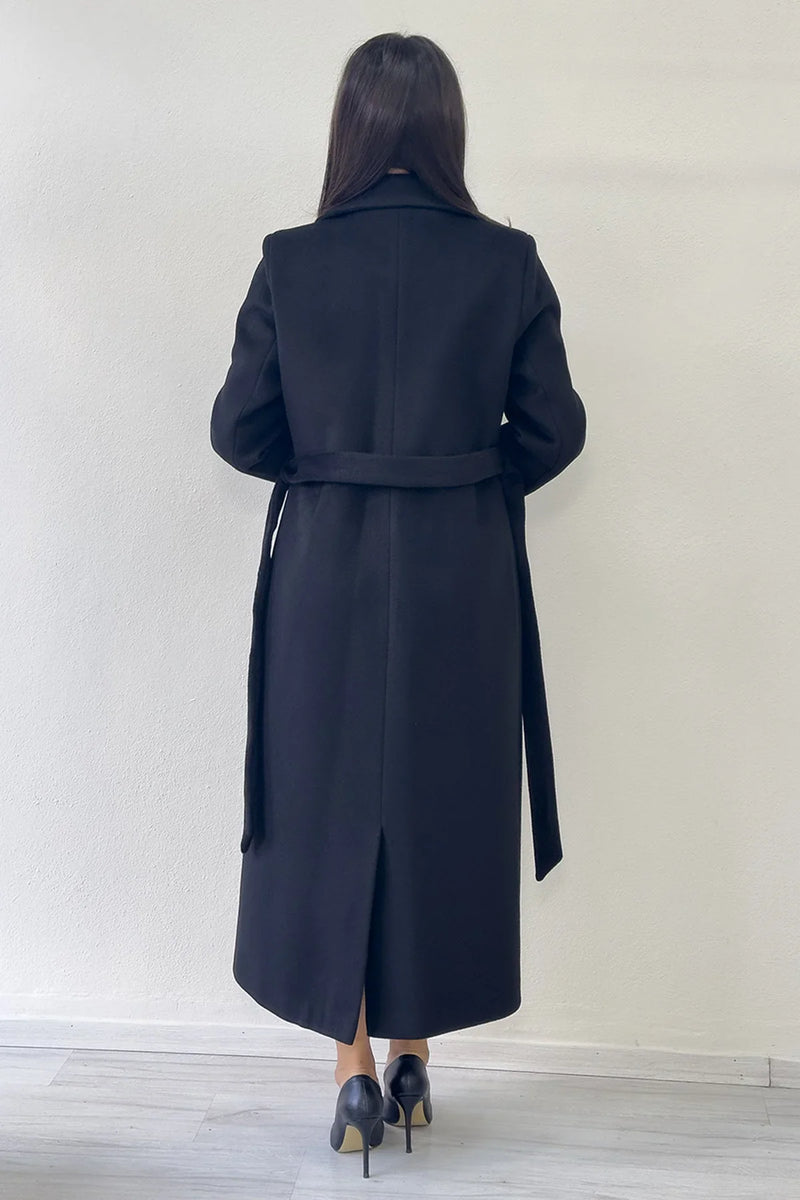 Kadın Siyah Astarlı Kuşaklı Kaşe Kaban