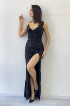 Siyah İp Askılı Pul Payet Yırtmaçlı Abiye Elbise