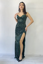 Yeşil İp Askılı Pul Payet Yırtmaçlı Abiye Elbise