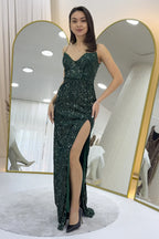 Yeşil İp Askılı Pul Payet Yırtmaçlı Abiye Elbise