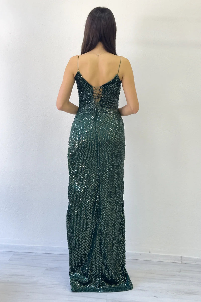 Yeşil İp Askılı Pul Payet Yırtmaçlı Abiye Elbise