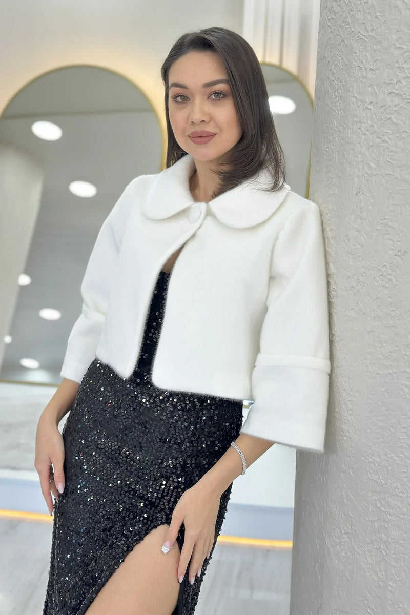 Beyaz Tek Düğmeli Astarlı Kürk Görünümlü Abiye Ceket 