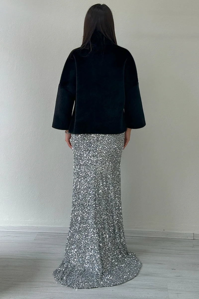 Siyah Dik Yaka Taş Detaylı Abiye Kürk