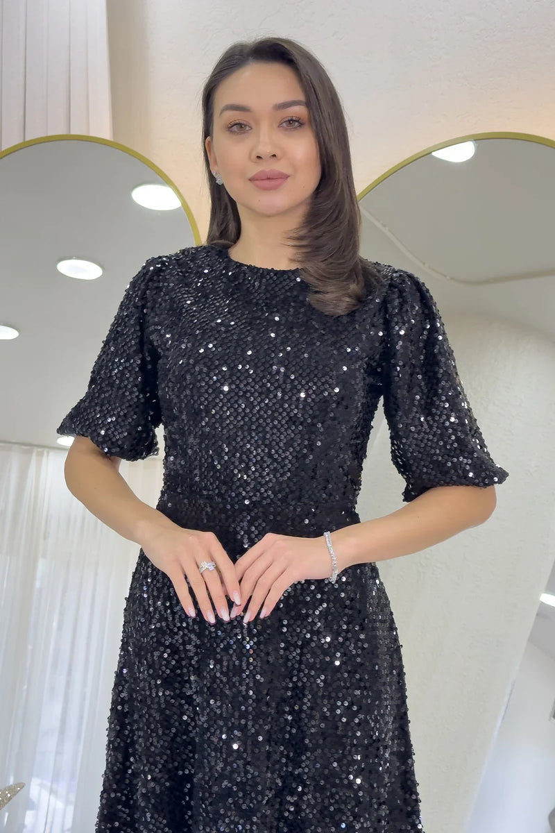 Siyah Balon Kol Pul Payet Midi Boy Abiye Elbise 