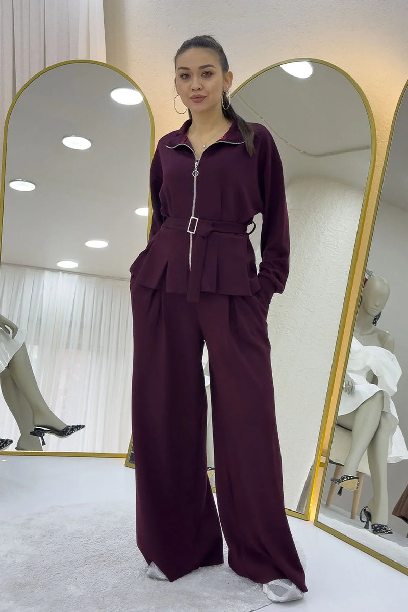 Bordo Fermuarlı Kemer Detay Geniş Paça Modal İkili Takım