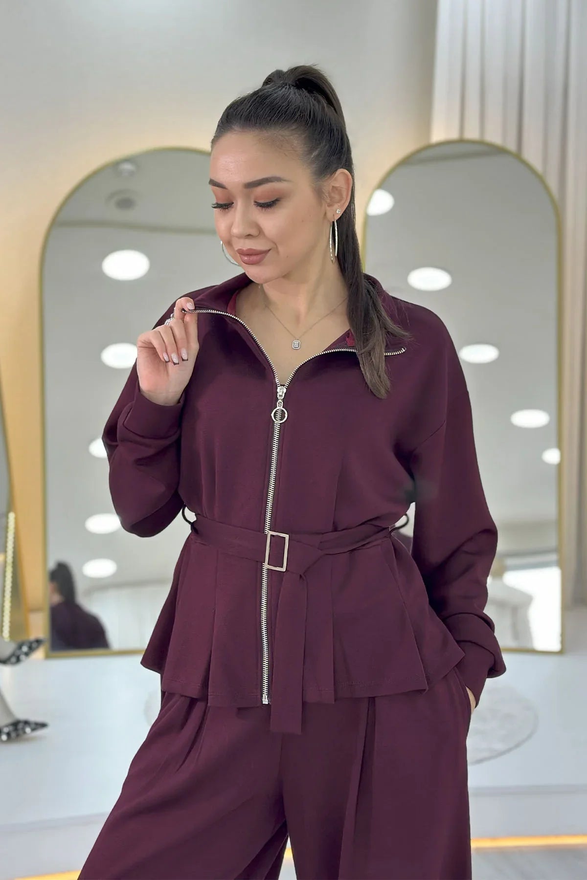 Bordo Fermuarlı Kemer Detay Geniş Paça Modal İkili Takım