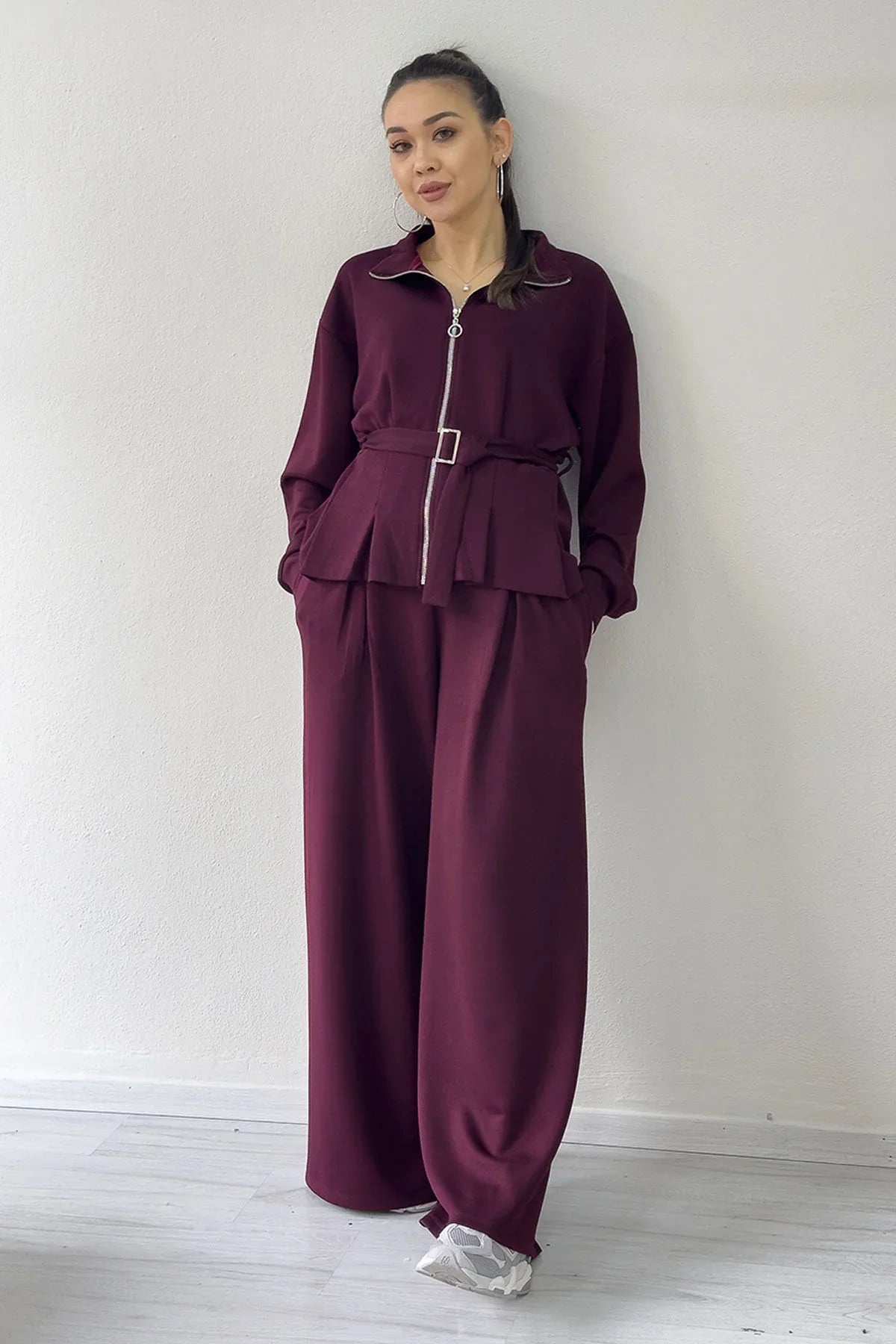 Bordo Fermuarlı Kemer Detay Geniş Paça Modal İkili Takım