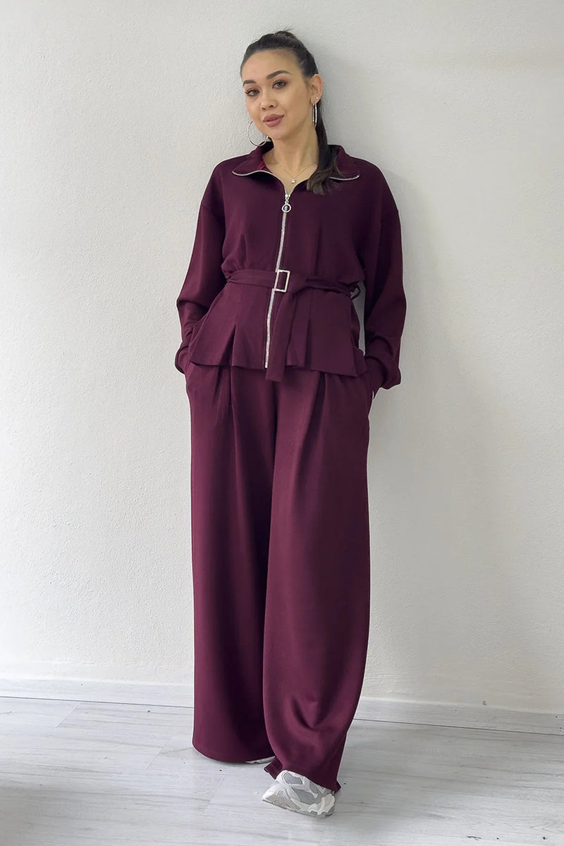 Bordo Fermuarlı Kemer Detay Geniş Paça Modal İkili Takım