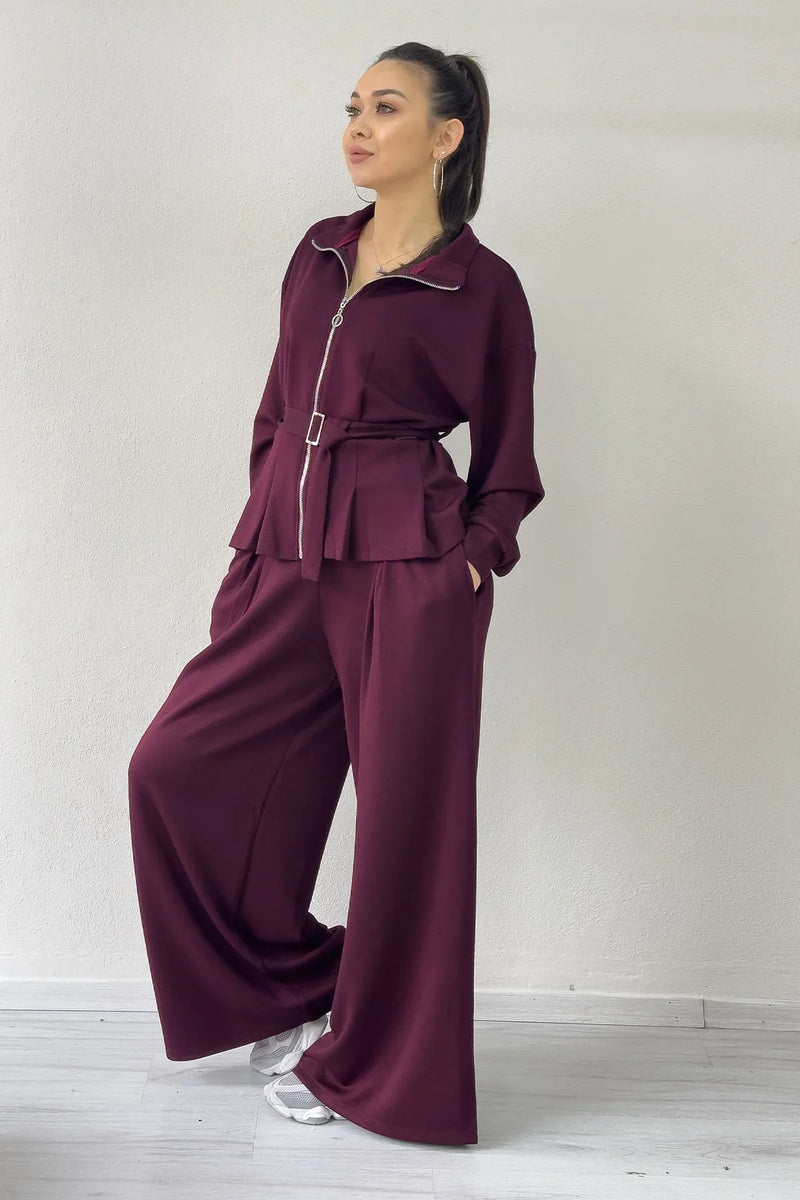 Bordo Fermuarlı Kemer Detay Geniş Paça Modal İkili Takım