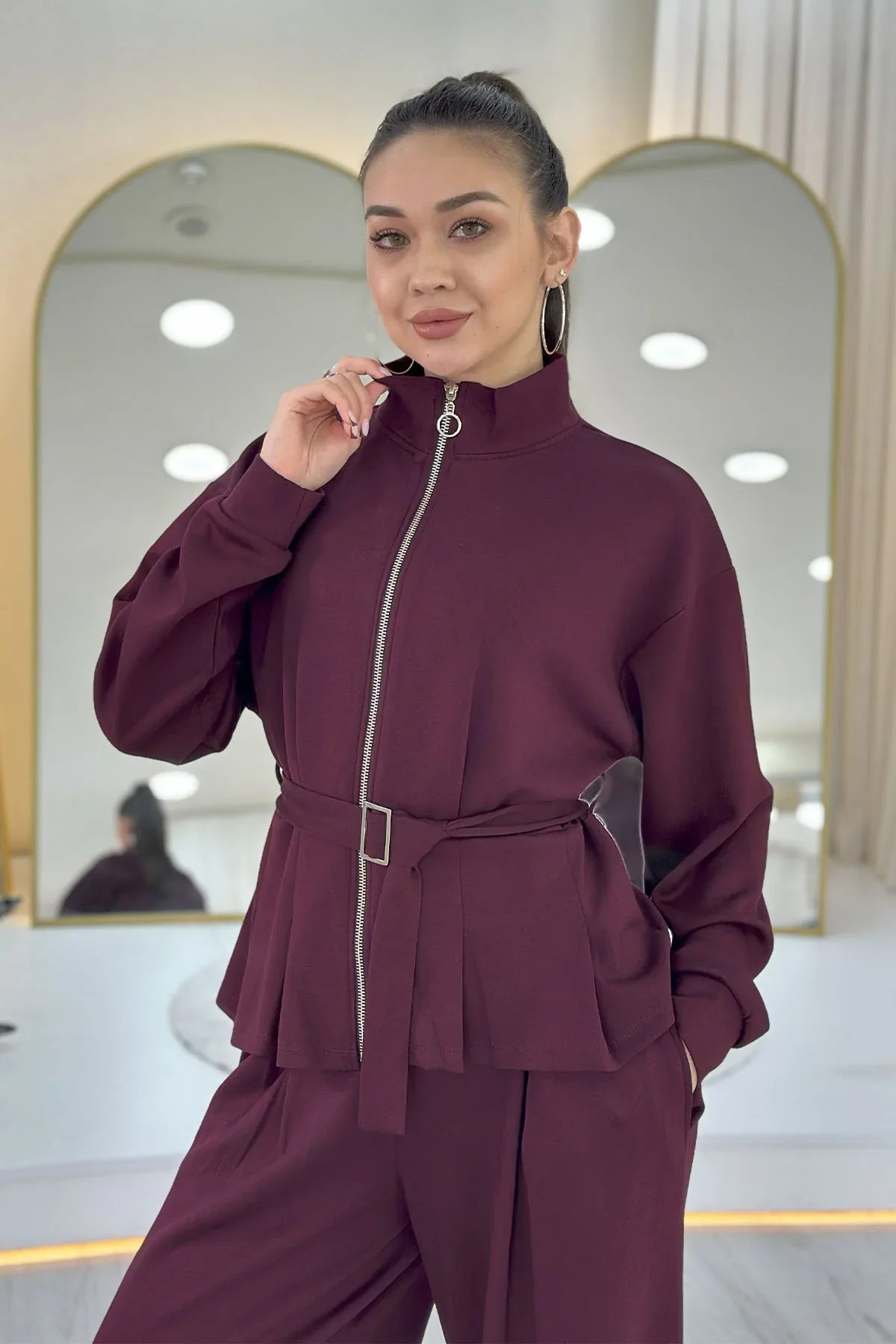 Bordo Fermuarlı Kemer Detay Geniş Paça Modal İkili Takım