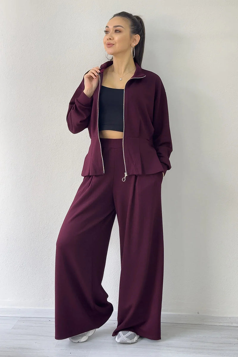 Bordo Fermuarlı Kemer Detay Geniş Paça Modal İkili Takım