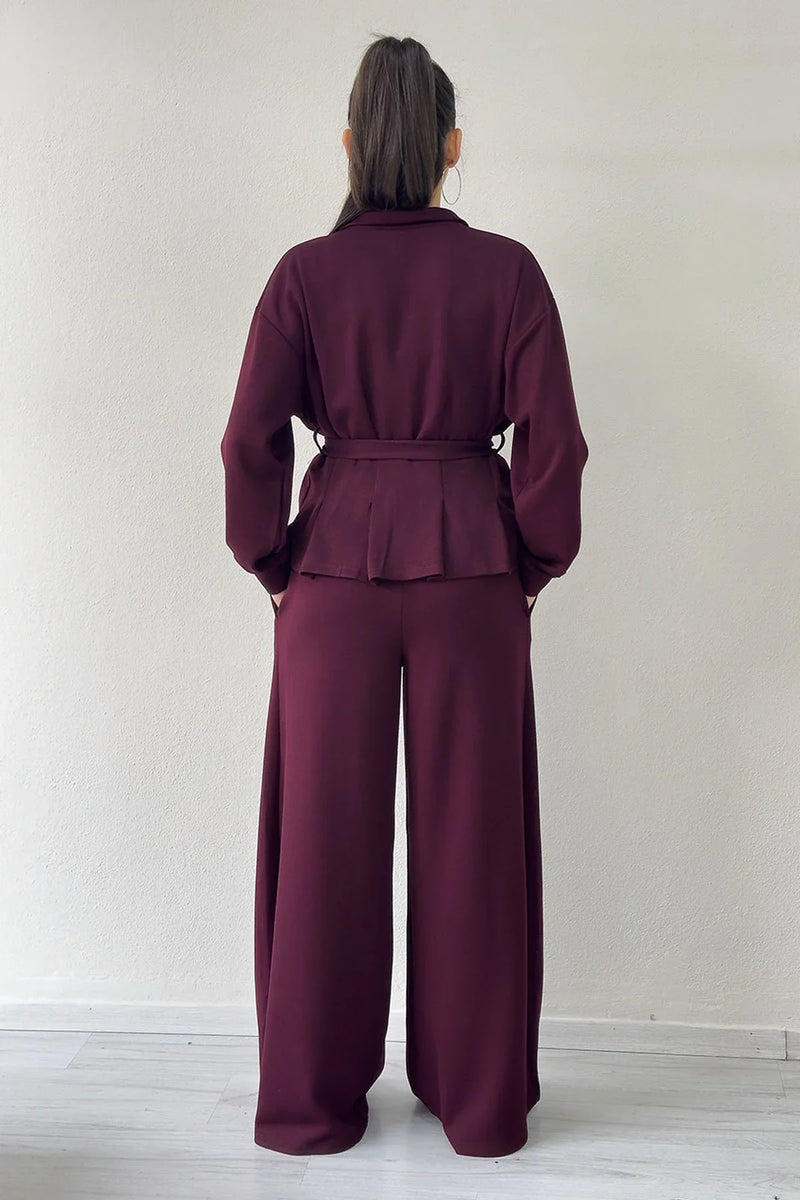 Bordo Fermuarlı Kemer Detay Geniş Paça Modal İkili Takım