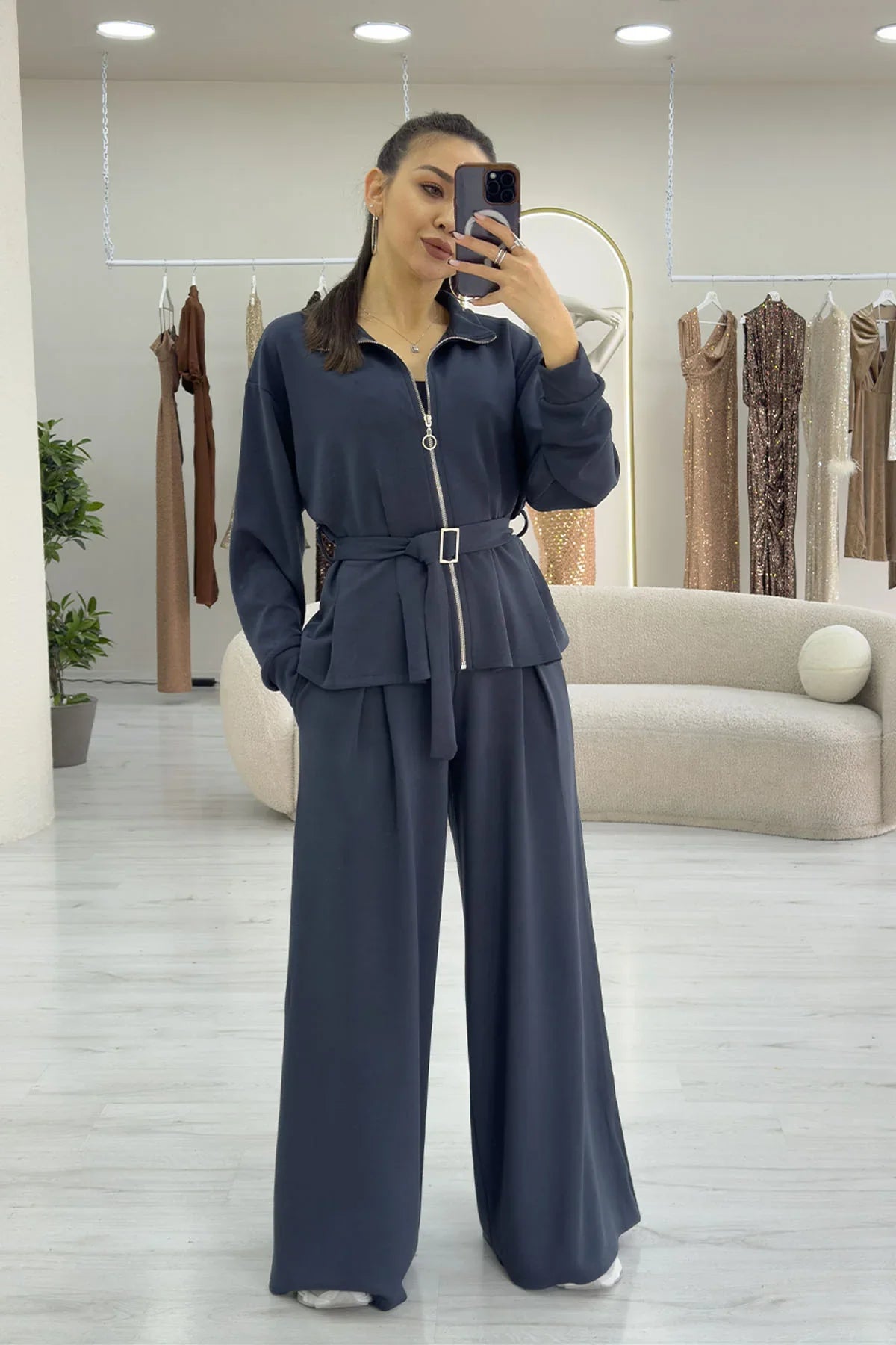 Gri Fermuarlı Kemer Detay Geniş Paça Modal İkili Takım