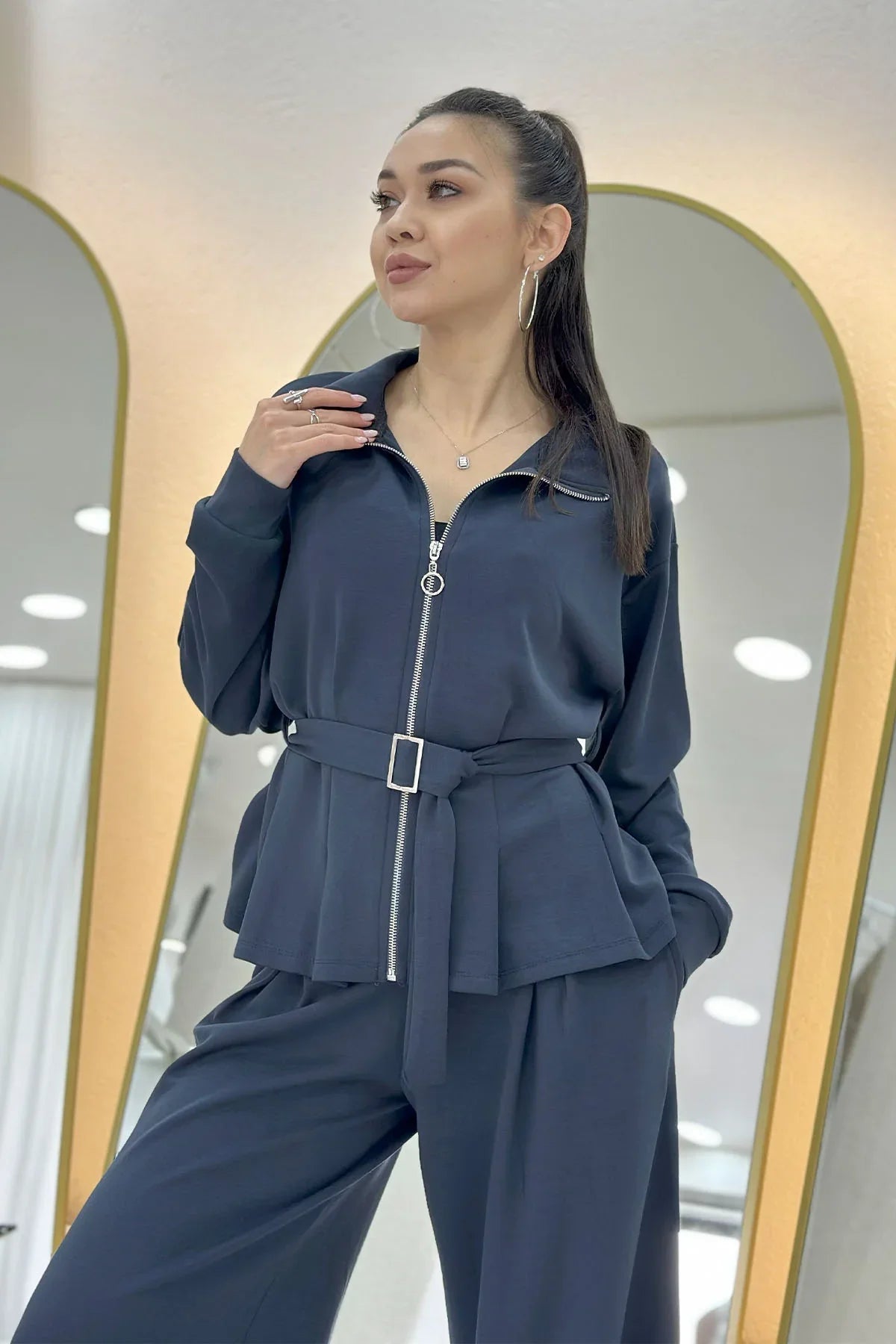 Gri Fermuarlı Kemer Detay Geniş Paça Modal İkili Takım