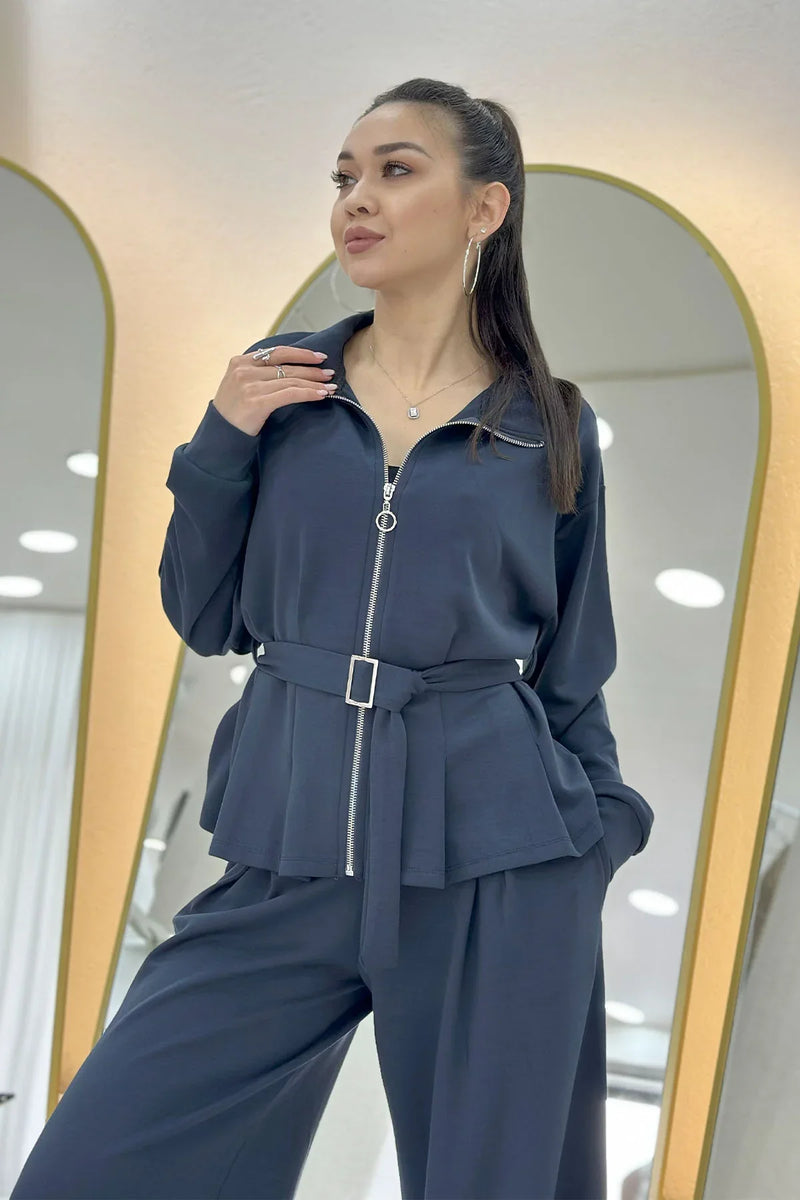 Gri Fermuarlı Kemer Detay Geniş Paça Modal İkili Takım