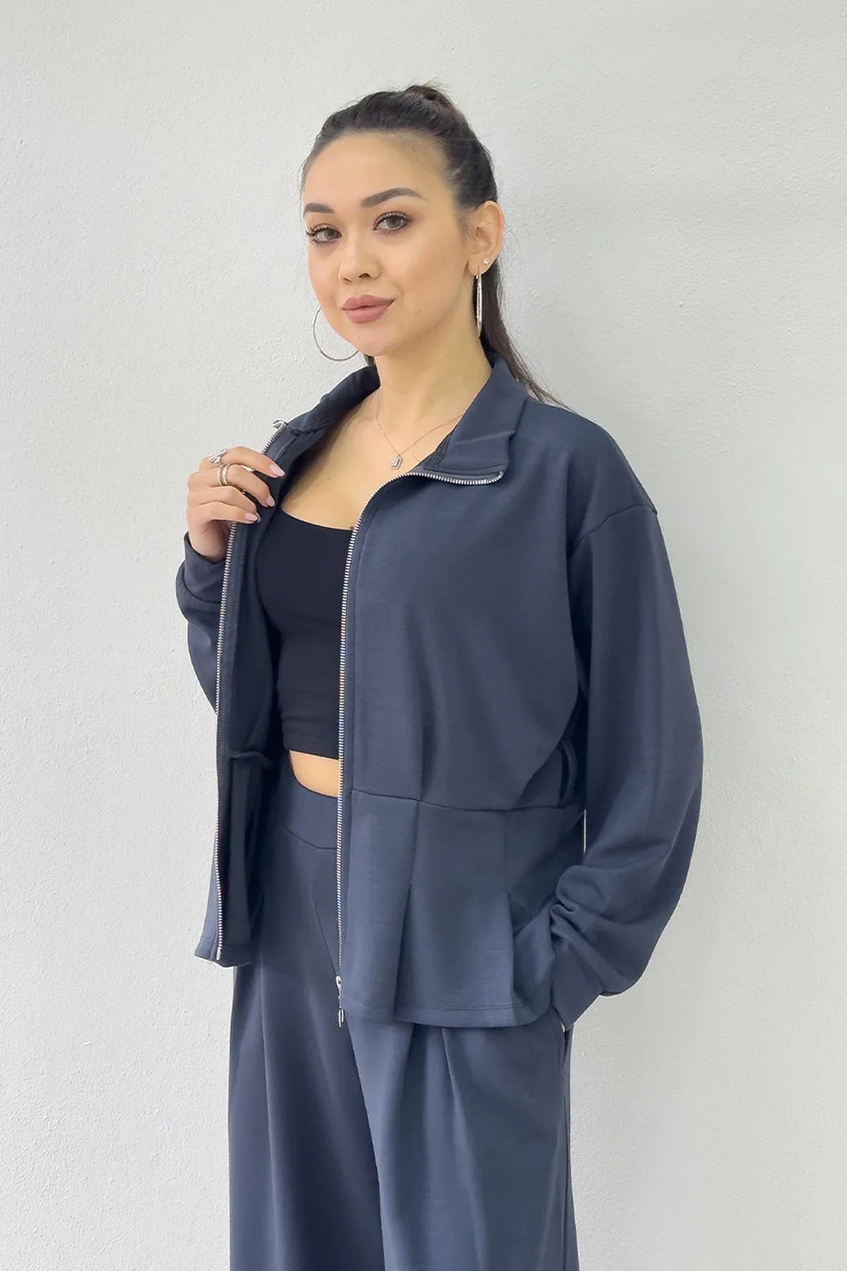 Gri Fermuarlı Kemer Detay Geniş Paça Modal İkili Takım