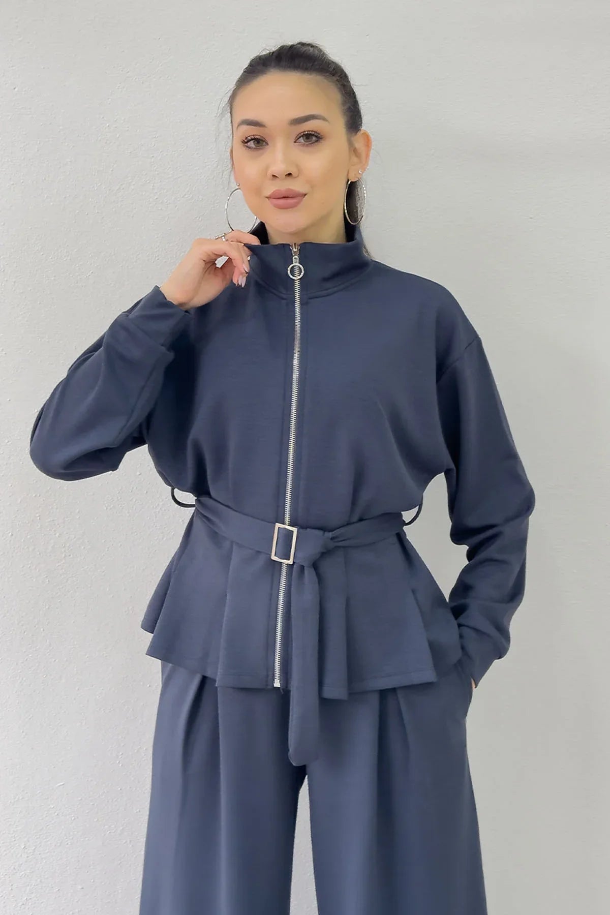 Gri Fermuarlı Kemer Detay Geniş Paça Modal İkili Takım