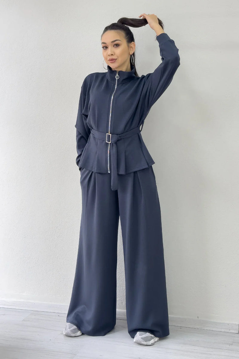 Gri Fermuarlı Kemer Detay Geniş Paça Modal İkili Takım