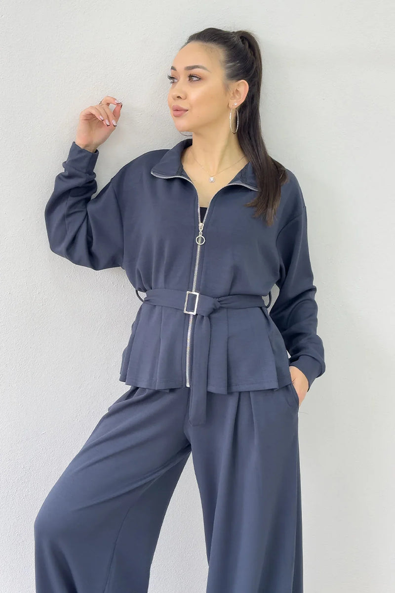 Gri Fermuarlı Kemer Detay Geniş Paça Modal İkili Takım