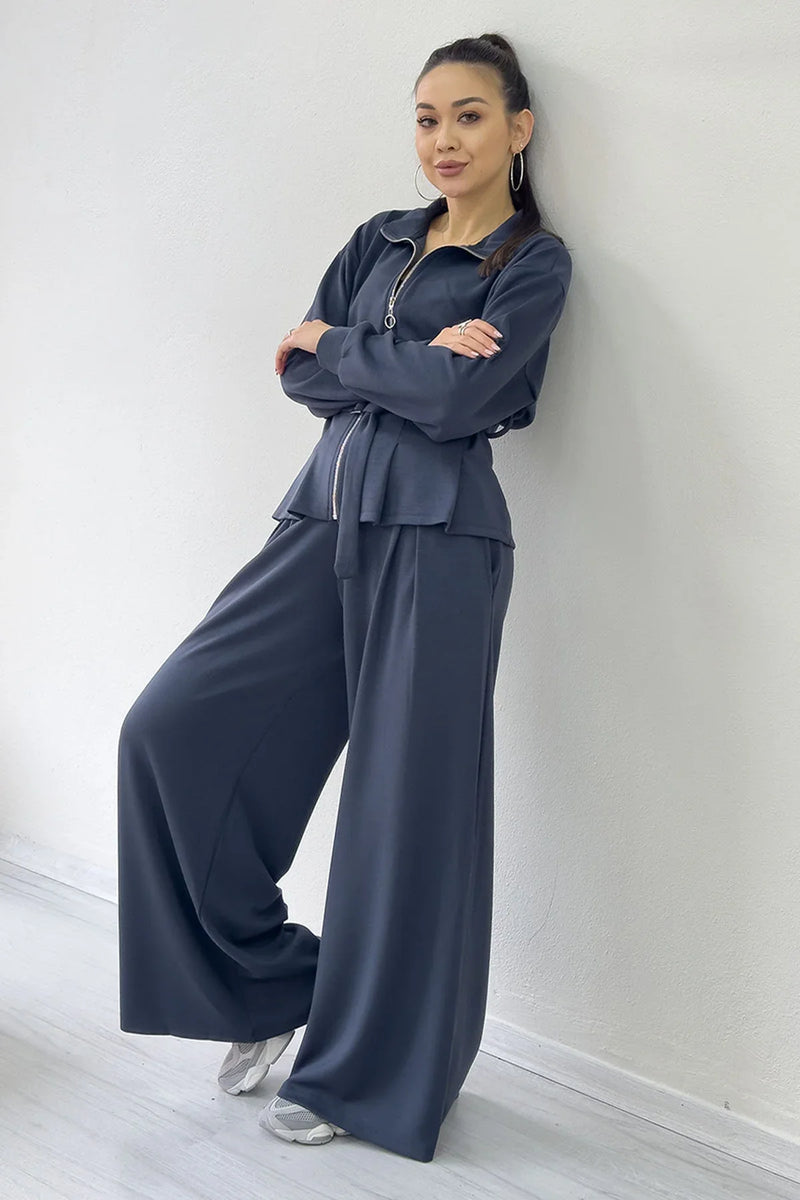 Gri Fermuarlı Kemer Detay Geniş Paça Modal İkili Takım