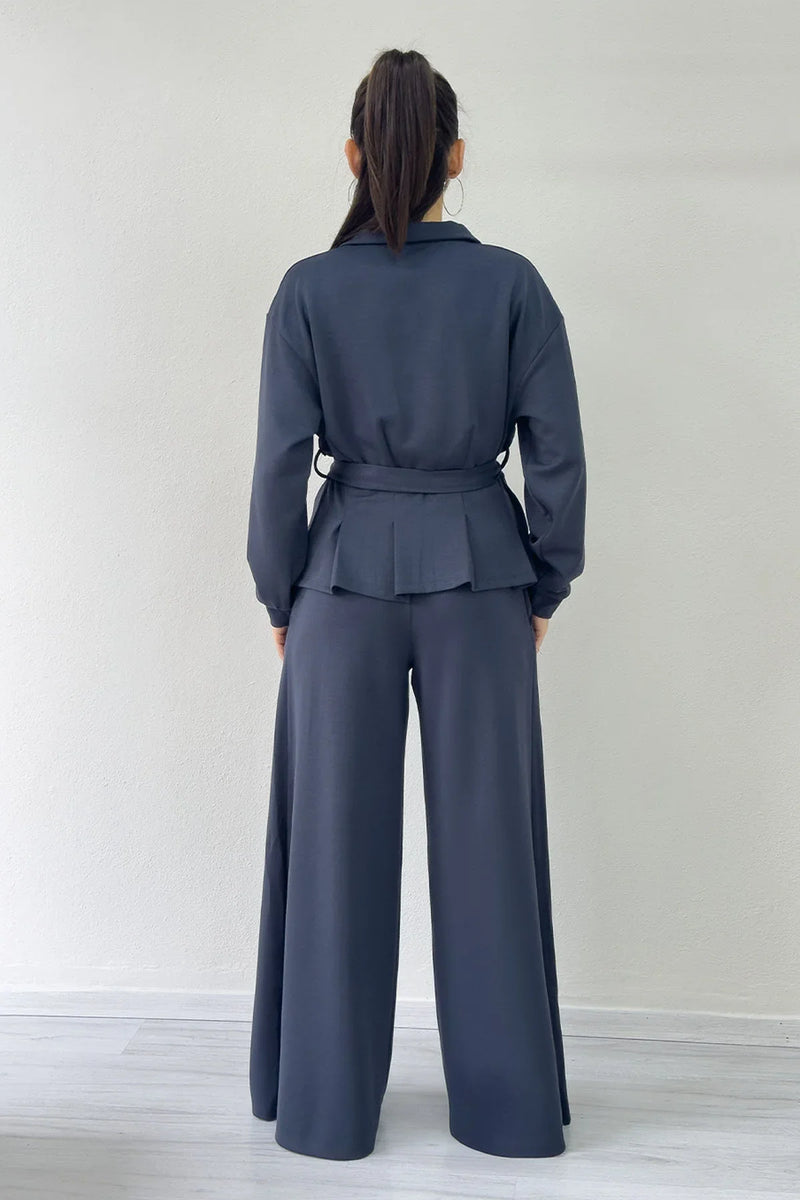 Gri Fermuarlı Kemer Detay Geniş Paça Modal İkili Takım