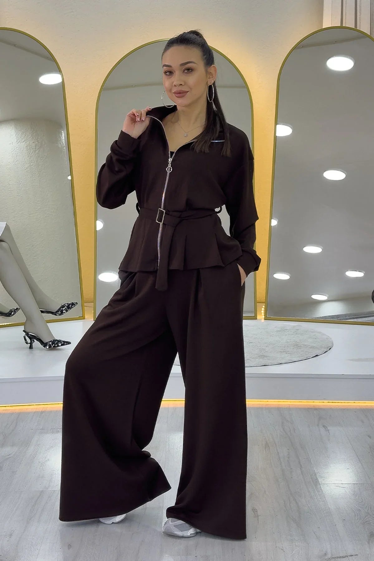 Kahverengi Fermuarlı Kemer Detay Geniş Paça Modal İkili Takım