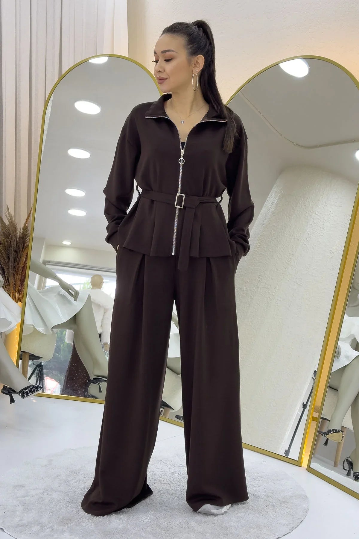 Kahverengi Fermuarlı Kemer Detay Geniş Paça Modal İkili Takım