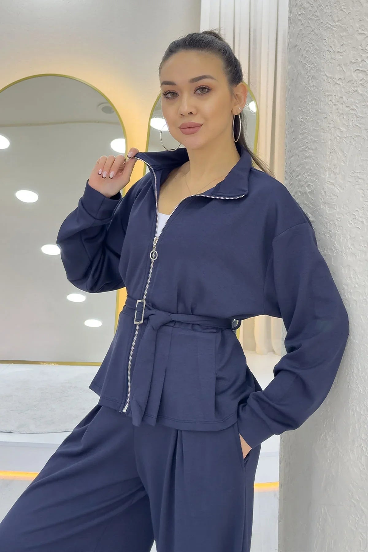 Lacivert Fermuarlı Kemer Detay Geniş Paça Modal İkili Takım