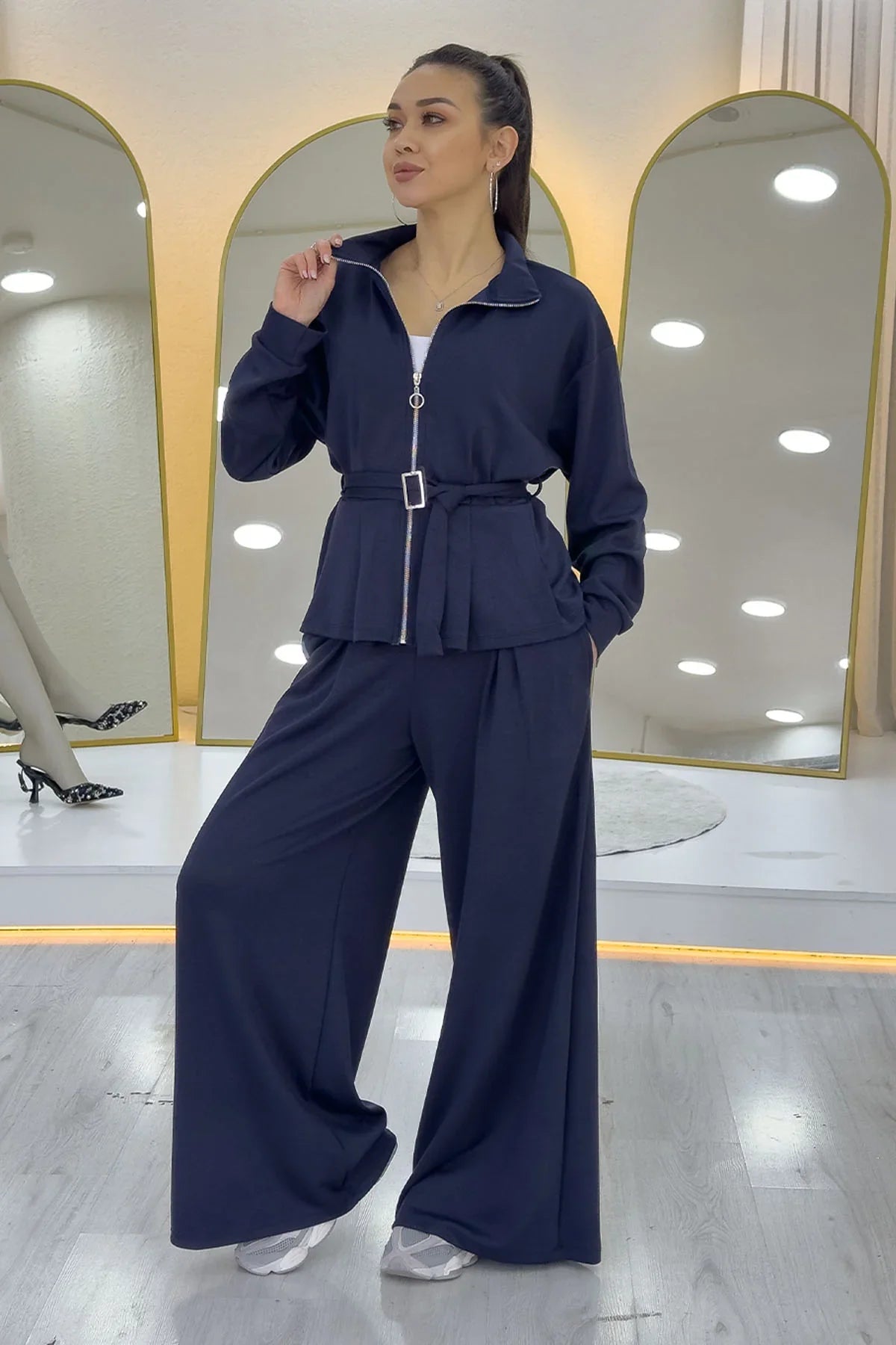 Lacivert Fermuarlı Kemer Detay Geniş Paça Modal İkili Takım