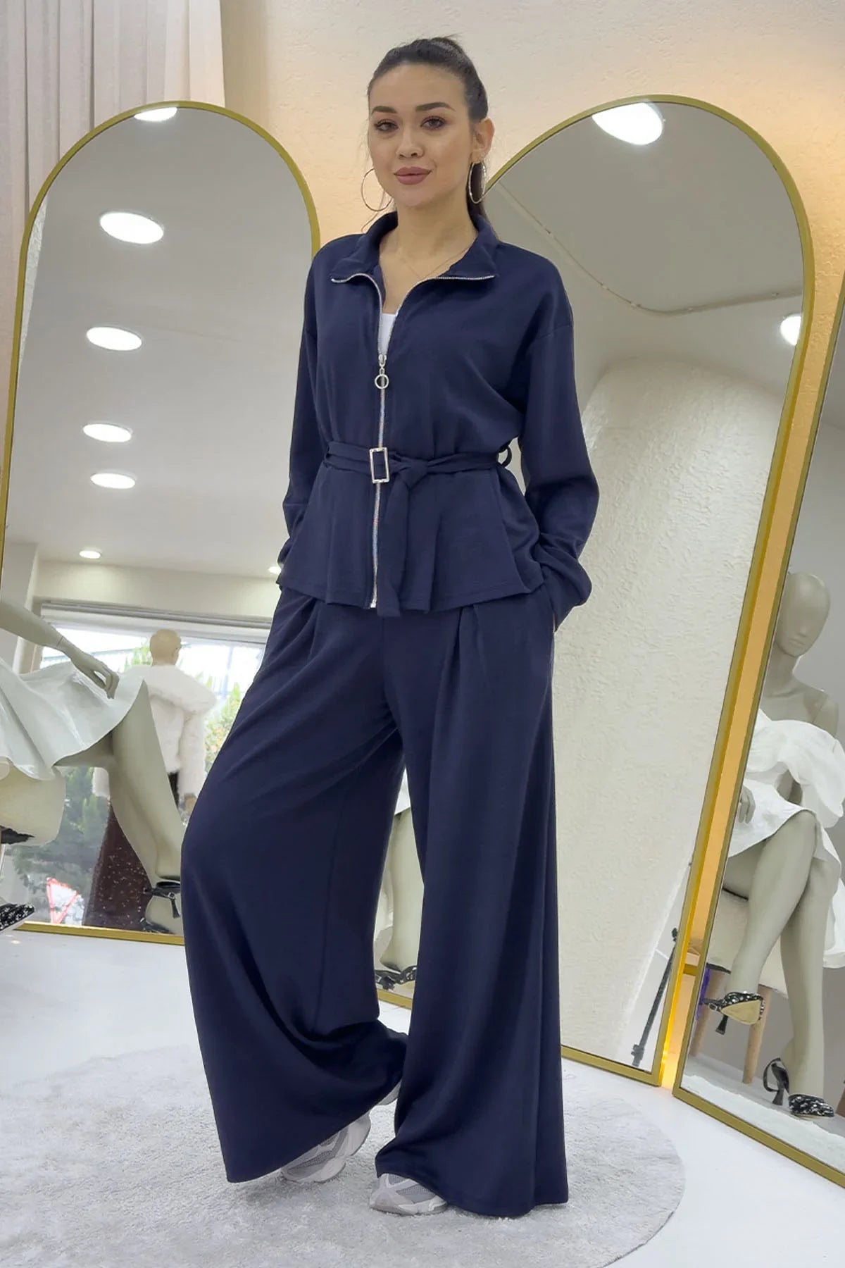 Lacivert Fermuarlı Kemer Detay Geniş Paça Modal İkili Takım