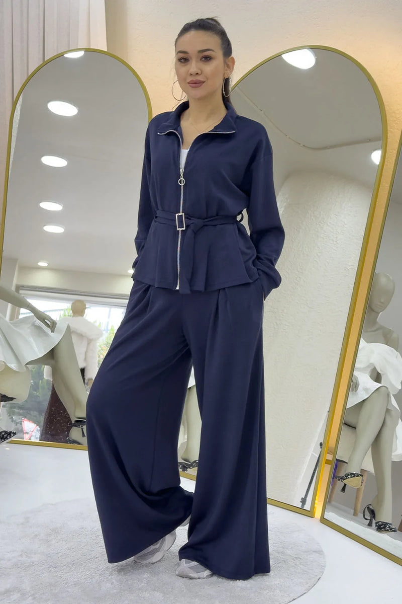 Lacivert Fermuarlı Kemer Detay Geniş Paça Modal İkili Takım