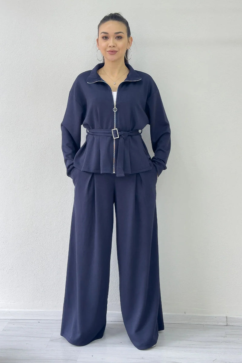 Lacivert Fermuarlı Kemer Detay Geniş Paça Modal İkili Takım
