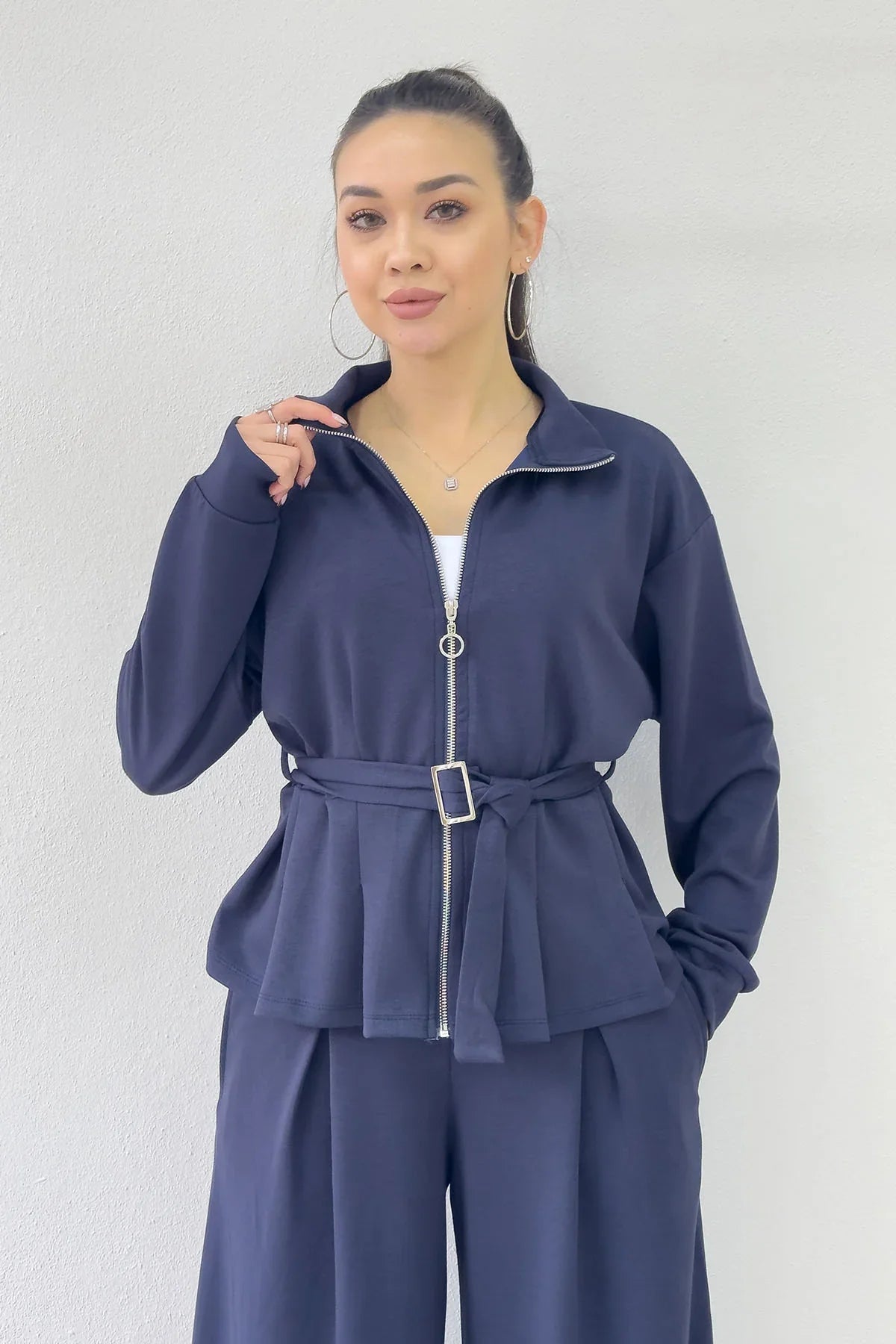 Lacivert Fermuarlı Kemer Detay Geniş Paça Modal İkili Takım