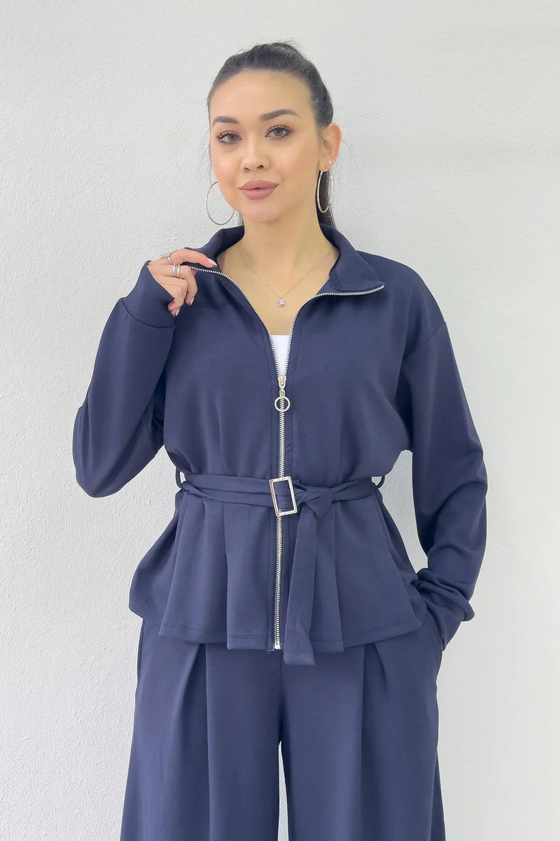 Lacivert Fermuarlı Kemer Detay Geniş Paça Modal İkili Takım