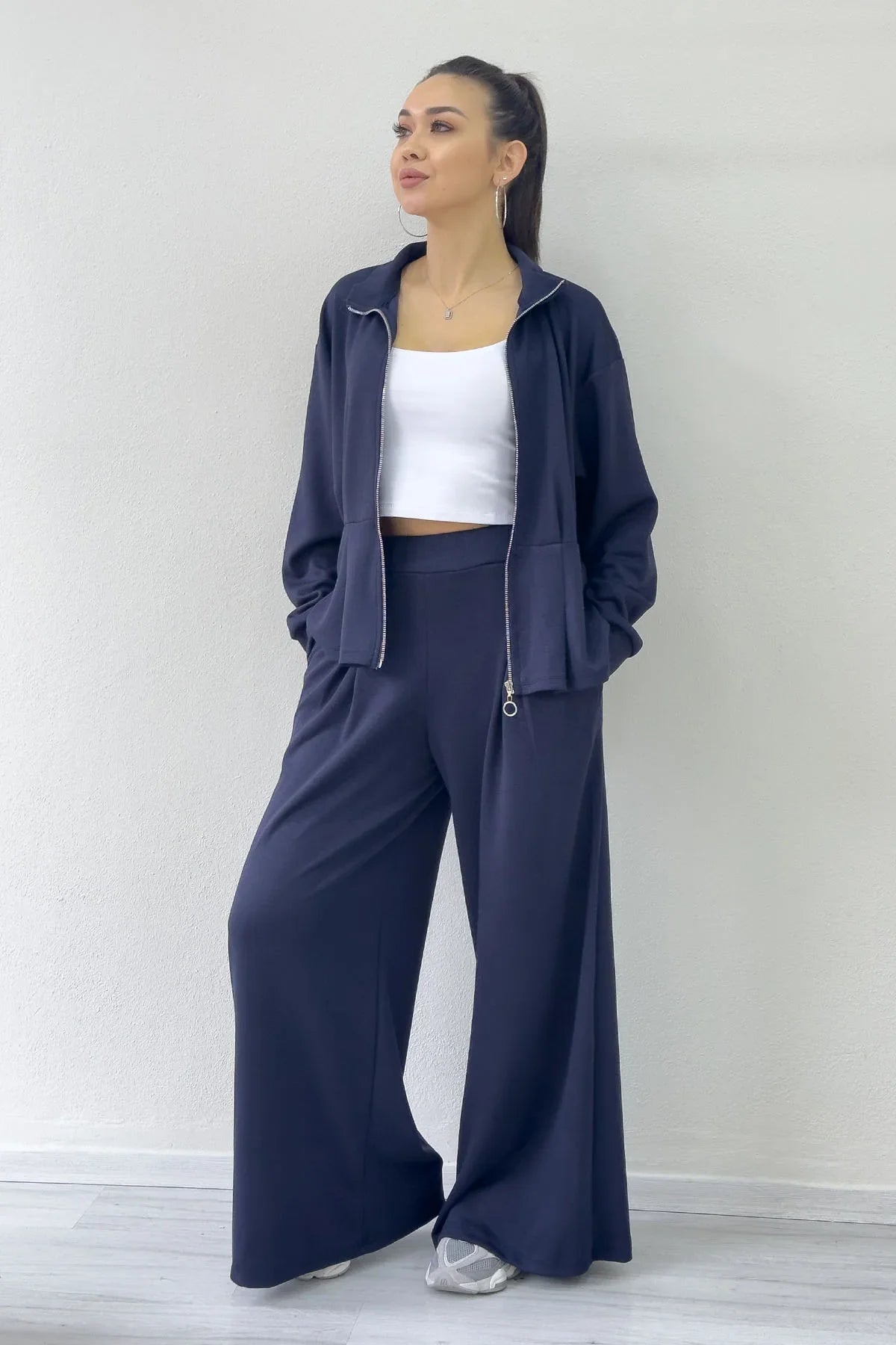 Lacivert Fermuarlı Kemer Detay Geniş Paça Modal İkili Takım