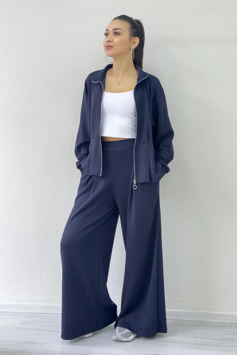 Lacivert Fermuarlı Kemer Detay Geniş Paça Modal İkili Takım
