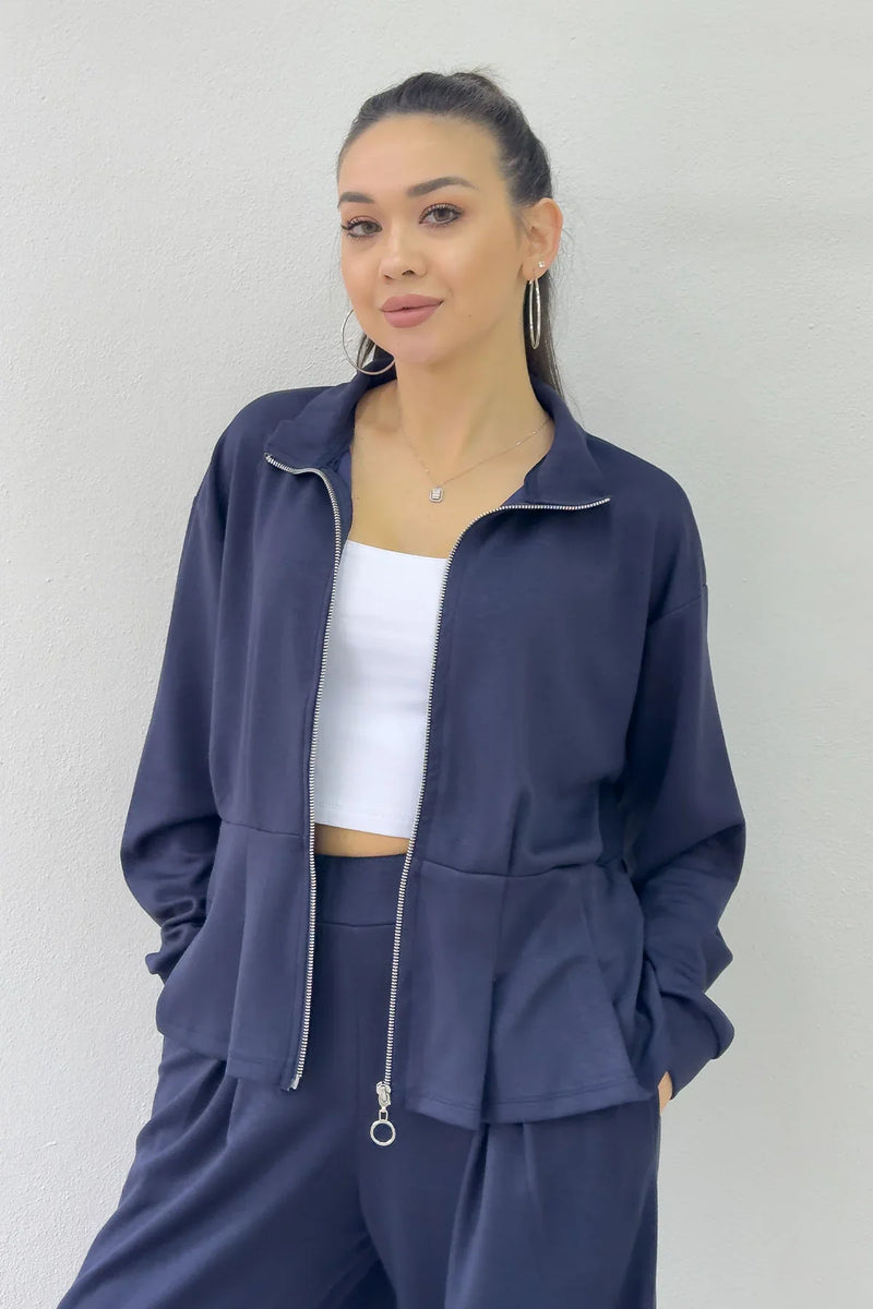 Lacivert Fermuarlı Kemer Detay Geniş Paça Modal İkili Takım