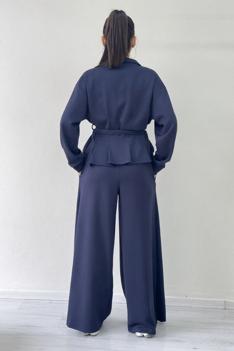 Lacivert Fermuarlı Kemer Detay Geniş Paça Modal İkili Takım