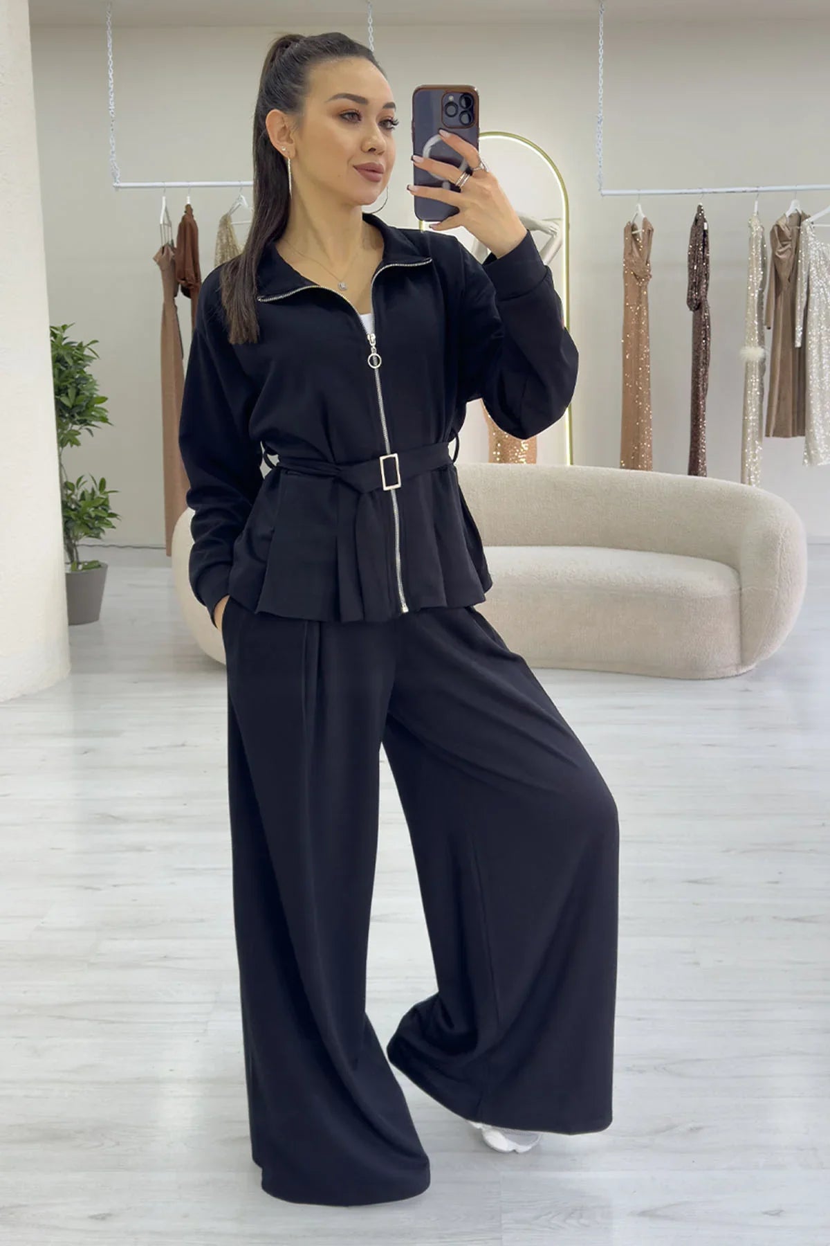 Siyah Fermuarlı Kemer Detay Geniş Paça Modal İkili Takım