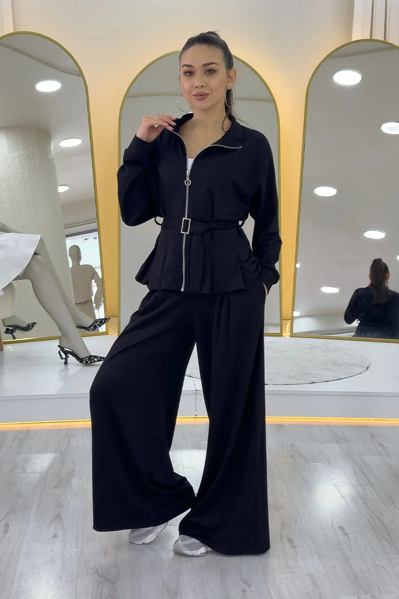 Siyah Fermuarlı Kemer Detay Geniş Paça Modal İkili Takım