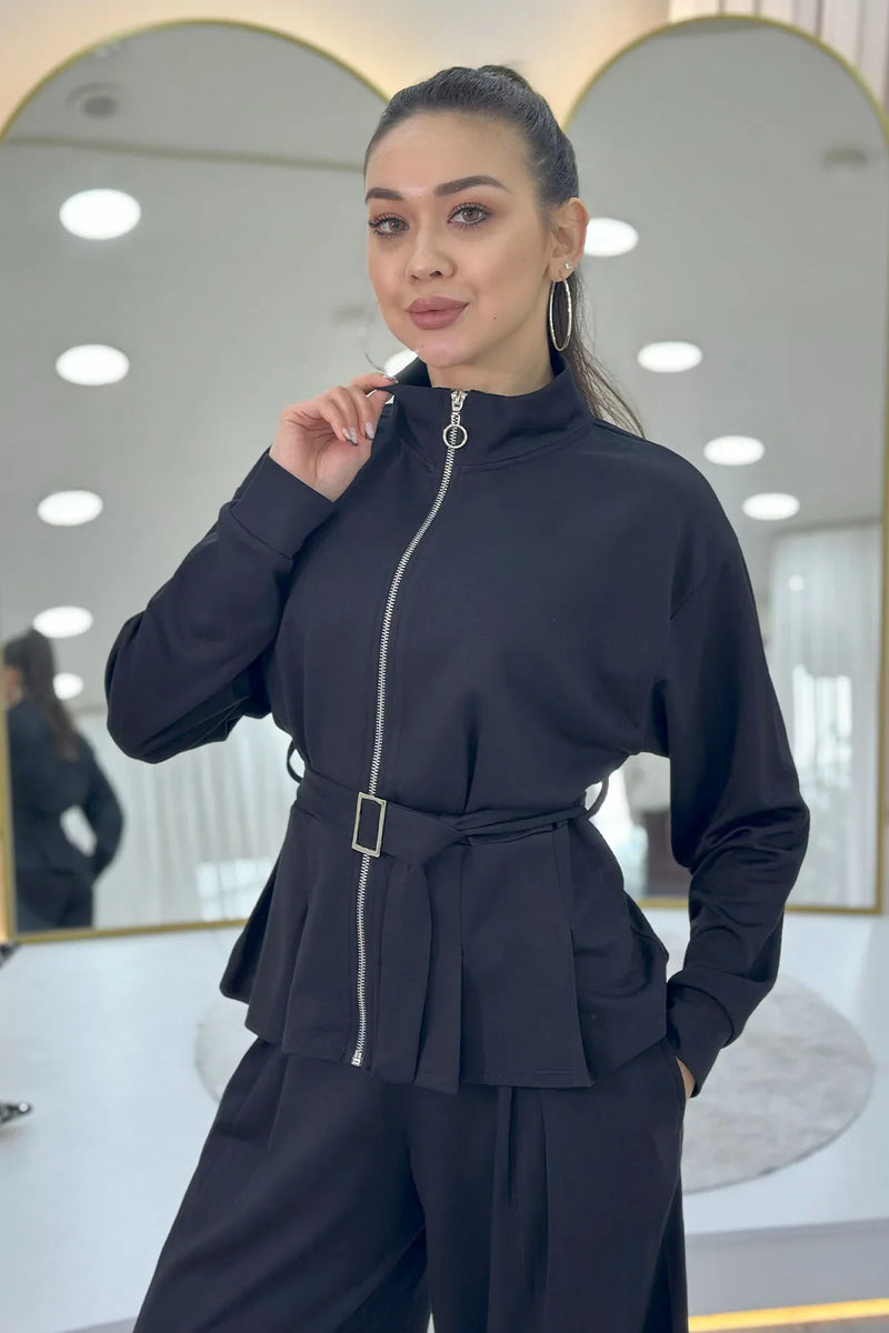 Siyah Fermuarlı Kemer Detay Geniş Paça Modal İkili Takım