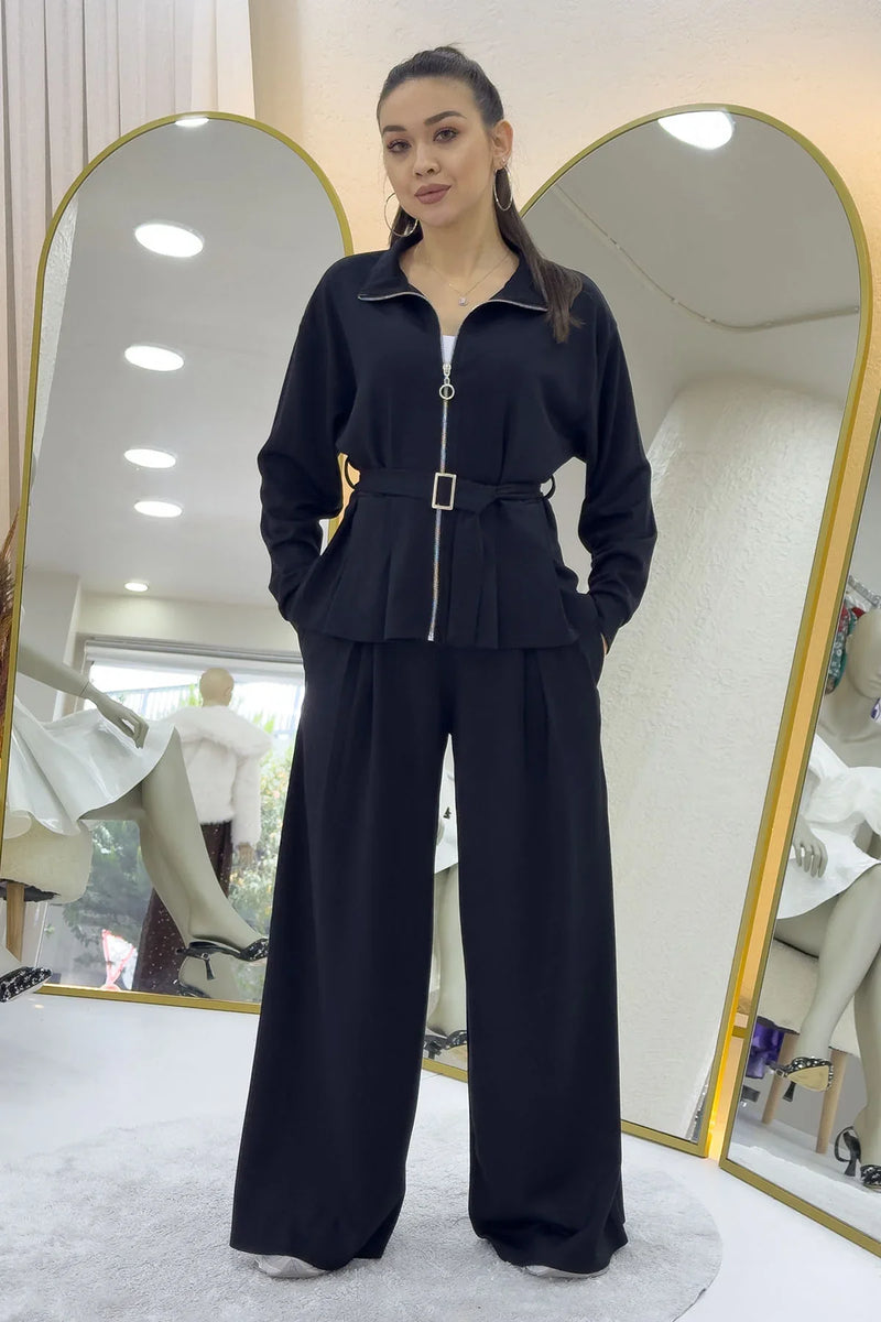 Siyah Fermuarlı Kemer Detay Geniş Paça Modal İkili Takım