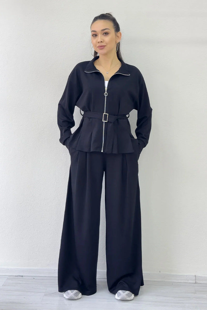 Siyah Fermuarlı Kemer Detay Geniş Paça Modal İkili Takım