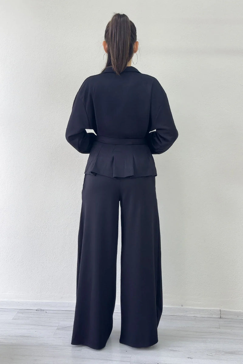 Siyah Fermuarlı Kemer Detay Geniş Paça Modal İkili Takım