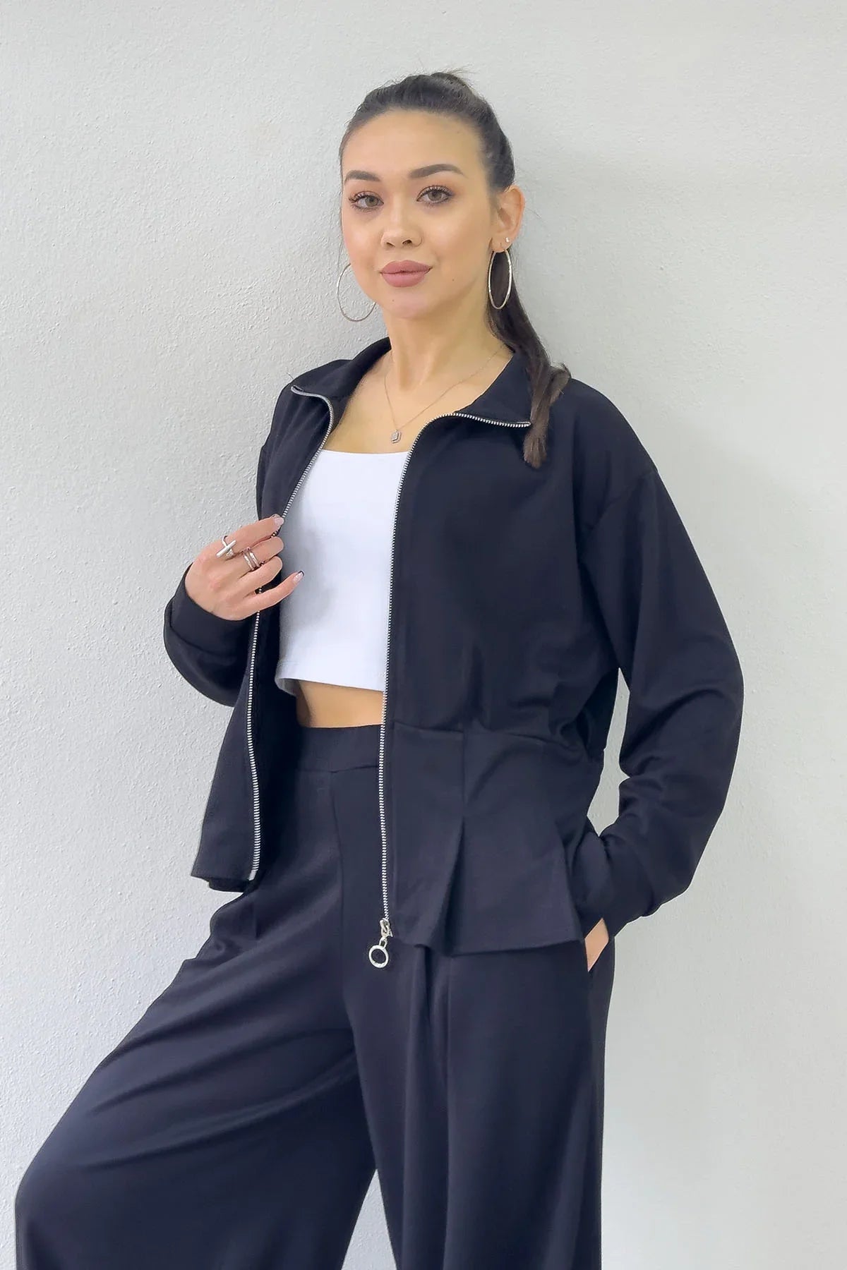 Siyah Fermuarlı Kemer Detay Geniş Paça Modal İkili Takım