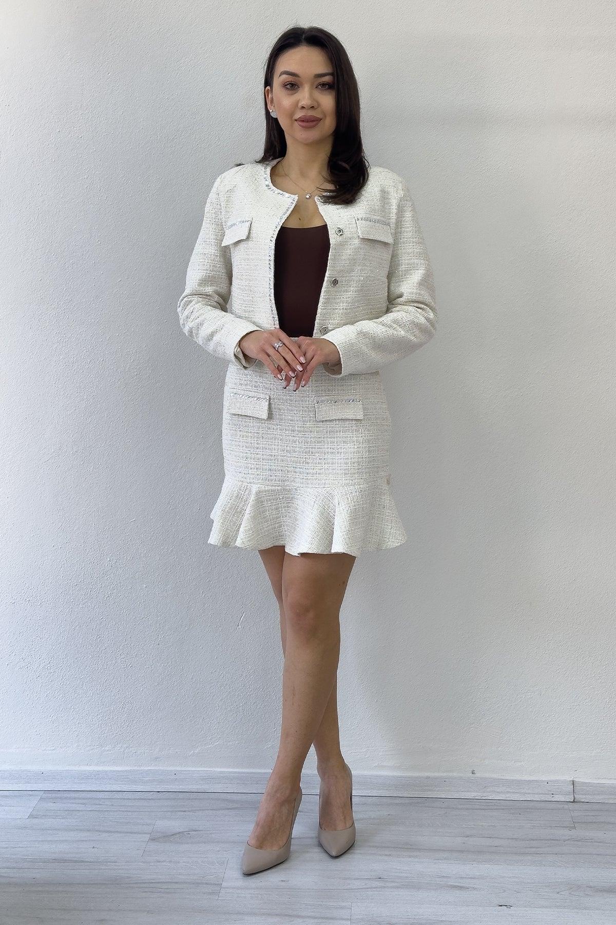 Ekru Ceket Fırfır Etek İşemeli Tüvit İkili Takım 