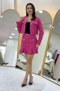 Fuşya Ceket Fırfır Etek İşemeli Tüvit İkili Takım